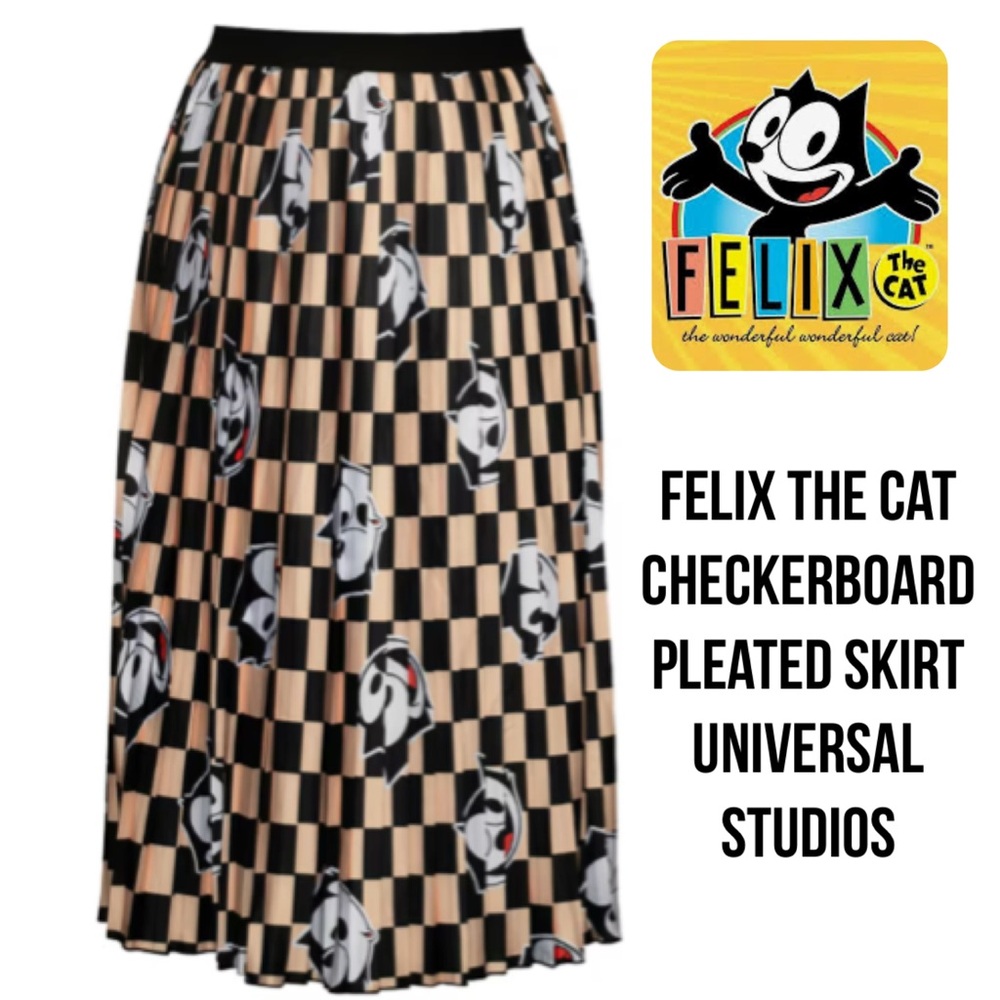 Felix The Cat Universal Studios checkerboard Black & Cream Pleated A-Line Skirt